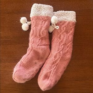 Lands' End Pink Cable Knit Socks with Pom-Poms